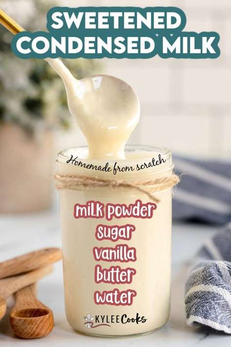 This homemade sweetened condensed milk recipe is creamy, sweet and perfect for use in recipes or stirring into coffee. A pantry staple made from scratch in just 5 minutes using just a few simple ingredients. Make Your Own Sweetened Condensed Milk, Homemade Sweetened Condensed Milk Recipe With Powdered Milk, Sweetened Condensed Milk Homemade, Everything Homemade, Homemade Cornstarch, Sugar Free Sweetened Condensed Milk, Sweetened Condensed Milk Uses, How To Make Condensed Milk, How To Make Powdered Milk