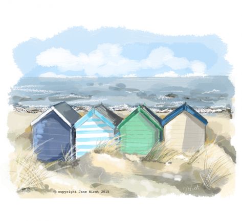 Beach Huts Uk, Beach Huts Art, Watercolor House Painting, Watercolor Art Journal, Beach Canvas Art, Watercolor Flowers Tutorial, Watercolor Architecture, Best Of British, Beach Huts