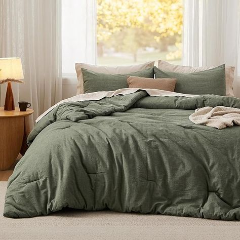 Amazon.com: Bedsure Cotton Comforter Set King Size - Grayish Olive Green 100% Washed Cotton Comforter, Soft Bedding for All Seasons, 3 Pieces, 1 Comforter (104"x90") and 2 Pillow Cases (20"x36") : Home & Kitchen Modern Bedding Set, Full Size Comforter Sets, Full Size Comforter, Modern Bed Set, Fluffy Comforter, Green Comforter, Cotton Comforter Set, Twin Xl Comforter, Bed Comforter Sets