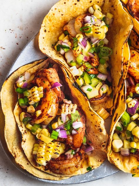 Mango Corn Salsa, Mango Tacos, Recipe For A Crowd, Mexican Entrees, Spicy Shrimp Tacos, Charred Corn, Taco Time, Sweet Recipe, Corn Salsa