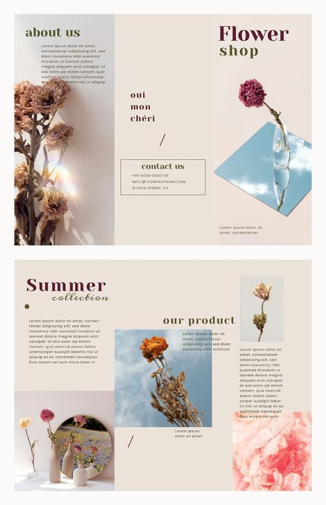 Flower Website, Postcard Design Inspiration, Logo Design Coffee, Brochure Design Layouts, Flower Workshop, Interior Design Template, 잡지 레이아웃, Voucher Design, Presentation Design Layout