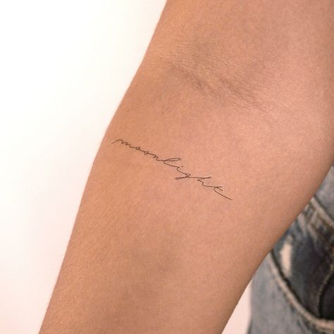 Fine line handwritten 'moonlight' temporary tattoo designed by tattoo artist Jakenowicz. Set of three. Size: 2.8 in / 7 cm (height) This temporary tattoo is: * Safe & non-toxic * FDA-compliant and fun for all ages * Free shipping in order over €10: FREESHIPPINGOVER10 * 20% off when you buy 3 items (+ Free Shipping ): THREE Small Tattoos last on average 2-5 days. We suggest placing on oil-free areas where skin does not stretch and keep them clean! Check us out! instagram @small.tattoos pinterest. Fine Line Tattoo Artist, Moonlight Tattoo Ideas, Fine Line Tattoo Words, Handwritten Tattoo, Moonlight Tattoo, Soft Tattoo, Tattoos Pinterest, Realistic Tattoo Sleeve, Cute Small Tattoos