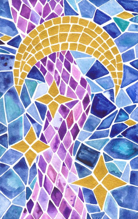 Blue Mosaic Art, Space Mosaic Art, Sun Moon Mosaic, Mozaic Desene, Watercolor Mosaic Painting, Mosaic Painting Ideas, Mosaic Designs Easy, Mosaic Art Ideas Easy, Simple Mosaic Art