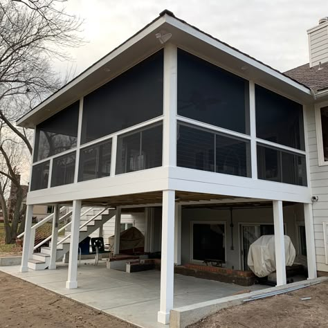 Two Story Screened Porch, 2 Story Deck With Screened In Porch, Screened In Porch Second Story, Second Floor Screened In Porch, Two Story Screened In Porch And Deck, Second Story Sunroom Addition, Two Story Porch Ideas, Back Porch Stairs, Second Story Screened In Porch