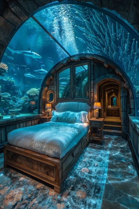 Sea Themed Furniture, Underwater Castle Interior, Underwater Facility, Submarine House, Underwater Theme Bedroom, Airship Interior, Underwater Homes, Underwater Hotel Room, Underwater Bedroom