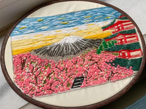 Embroidery Mount Fuji cherry blossoms Tokyo Fuji Mountain, Mount Fuji, Cherry Blossoms, Embroidery Art, Cherry Blossom, Beach Mat, Hand Embroidery, Outdoor Blanket, Blossom