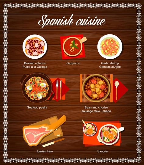 Spanish cuisine meals menu design vector template Spanish Cuisine Aesthetic, Food In Spanish Vocabulary, Spanish Kitchen Vocabulary, Spanish Menu, Spanish Tapas Restaurant, Sausage Stew, Seafood Paella, Vector Frame, Chorizo Sausage