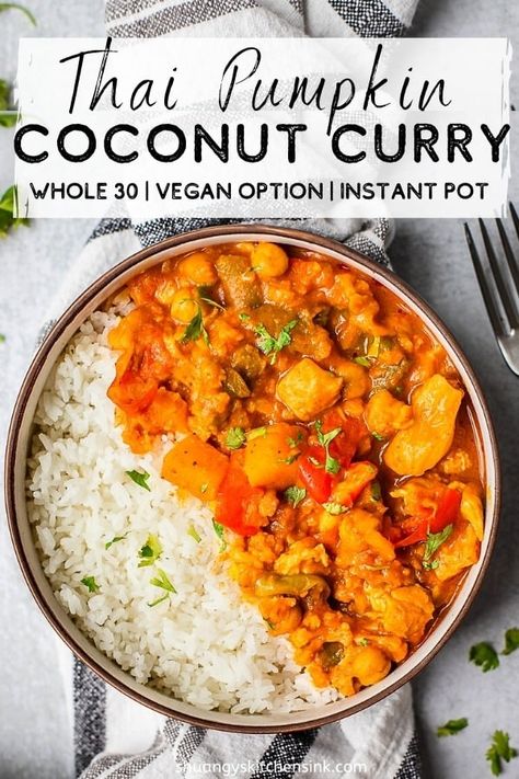 Instant Pot Thai Pumpkin Curry | This instant pot Thai Pumpkin Curry recipe with Chicken or chickpeas is filled with protein and veggies mixed in a creamy flavorful coconut curry sauce. Perfect for chilly fall weather, this hearty dish is one the entire family can enjoy. A healthy, easy, one pot meal that is gluten free, dairy free, whole30 friendly and can be made vegan as well!#instantpotrecipe #whole30recipe #whole30chickerecipe #pumpkinspice #pumpkincurry Pumpkin Curry Recipe, Thai Pumpkin Curry, Instant Pot Thai, Canned Pumpkin Recipes, Savory Pumpkin, Chickpeas Recipe, Chicke Recipes, Coconut Curry Sauce, Vegan Pumpkin Recipes