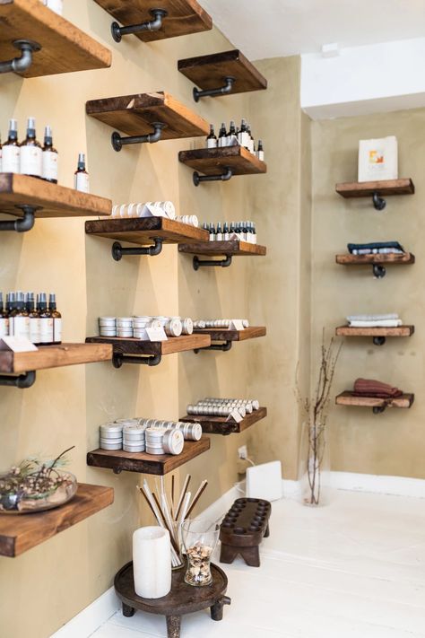 Skincare Retail Design, Small Shop Interior Design Retail, Spa Retail Shelves, Skincare Shop Interior, Industrial Retail Store Design, Small Shop Design Retail Stores, Small Retail Store Design Boutiques, Small Retail Store Design, Industrial Interior Design Office