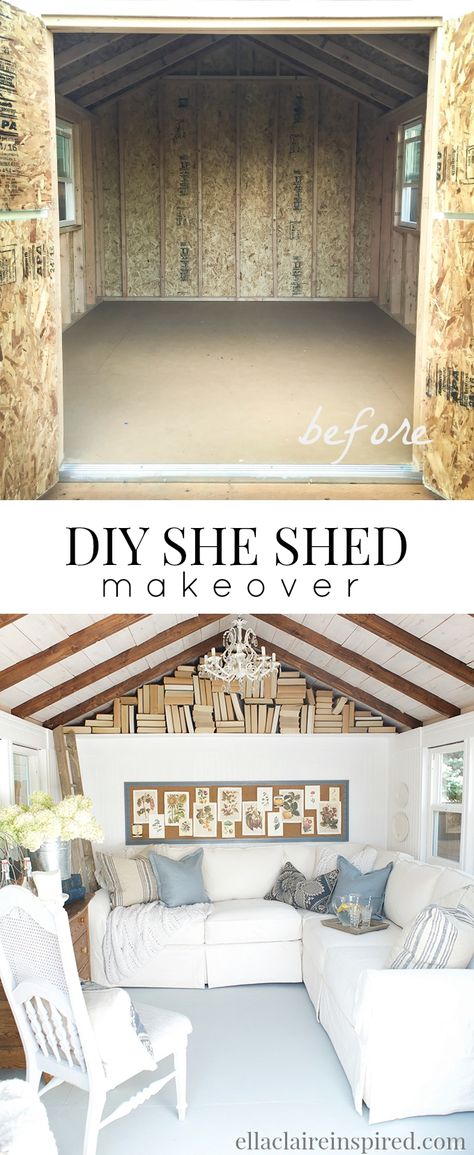 A DIY She Shed retreat with lots of cottage vintage charm by Ella Claire She Shed Makeover, Diy She Shed, Shed Makeover, Shed Office, Cottage Vintage, Backyard Shed, She Sheds, Diy Shed, Backyard Retreat