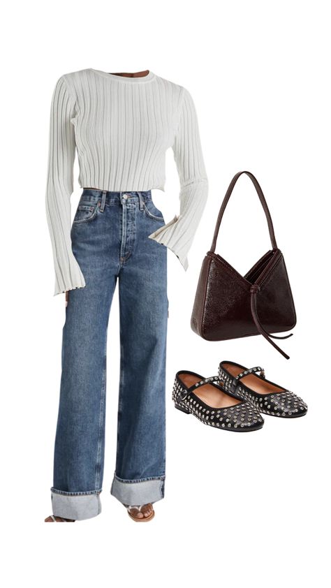 Cuffed denim, rhinestone ballet flats, dissh outfit Dissh Clothing Aesthetic, Rhinestone Mary Janes Outfit, Ballet Flats With Straps Outfit, Rhinestone Ballet Flats Outfit, Metallic Ballet Flats Outfit 2023, Studded Ballet Flats Outfit, Rhinestone Flats Outfit, Denim Ballet Flats Outfit, Buckle Flats Outfit