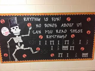 Halloween/Red Ribbon Week Rhythm Bulletin Board by Mr. Hall! October Music Bulletin Board, Music Room Bulletin Boards, Middle School Music Classroom, Music Classroom Bulletin Boards, Teacher Goals, Music Display, Classroom 2023, Music Bulletin Board, Elementary Music Room