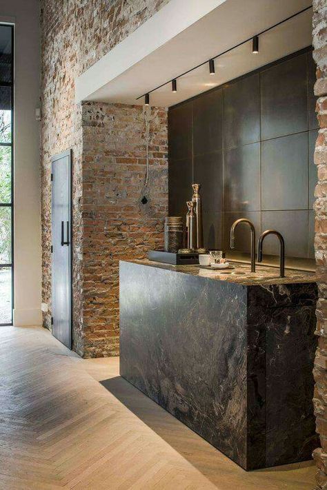 White And Brick Kitchen, Industrial Decor Kitchen, Model Dapur, Industrial Kitchen Design, Industrial Interiors, Stone Walls, Interior Design Magazine, Industrial Kitchen, Design Del Prodotto