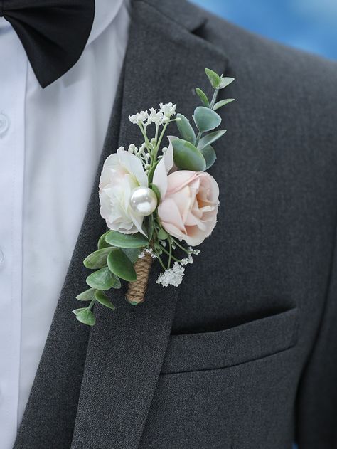 Multicolor  Collar  Polyester   Embellished   Women Accessories Boutonniere With Pearls, Boutineer Ideas Wedding Grooms, Wedding Buttonnaire, Boutineer Ideas Wedding, Boutonnière Ideas, Boutineer Wedding, Grooms Boutonniere, Pink Boutonniere, Homecoming Outfits For Guys