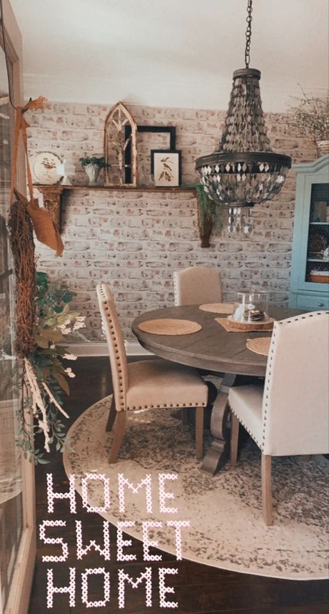 Realistic brick wallpaper in kitchen eating area Brick Wallpaper Accent Wall Dining Room, Brick Wallpaper In Kitchen, Brick Wallpaper Dining Room, Brick Wallpaper Accent Wall, Brick Wallpaper Kitchen, Wallpaper In Kitchen, Faux Brick Accent Wall, Kitchen Eating Area, Wallpaper Dining Room