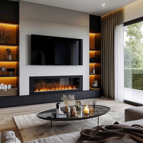 Fire Places Ideas Living Room Modern, Tv And Fire Wall Ideas, Warm Home Aesthetic, Tv Unit Ideas, Modern Tv Unit, Display Room, Tv Fal, Living Room Wall Units, Modern Tv Units