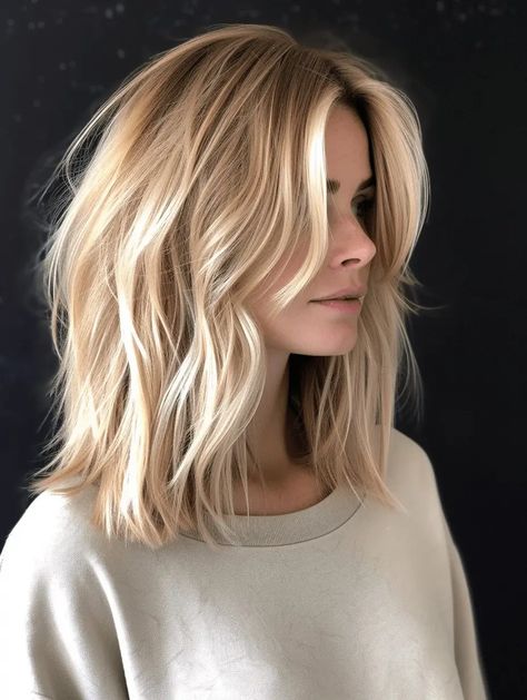 Lob Haircut Strawberry Blonde, Trendy Medium Length Haircuts With Long Bangs, Lob With Long Layers And Curtain Bangs, Lob Haircut Low Maintenance, Mid Length Blonde Hair Styles, Blond Hair Ideas Mid Length, Before And After Fine Haircuts, Medium Hair Styles Blonde, Blond Lob Haircut Shoulder Length