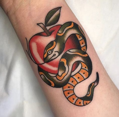 Serpent Apple Tattoo, Snake Apple Tattoos, Traditional Apple Tattoo, Snake And Apple Tattoo, Snake And Apple, Apple Tattoo, Literary Tattoos, Poison Apple, Old School Tattoo Designs