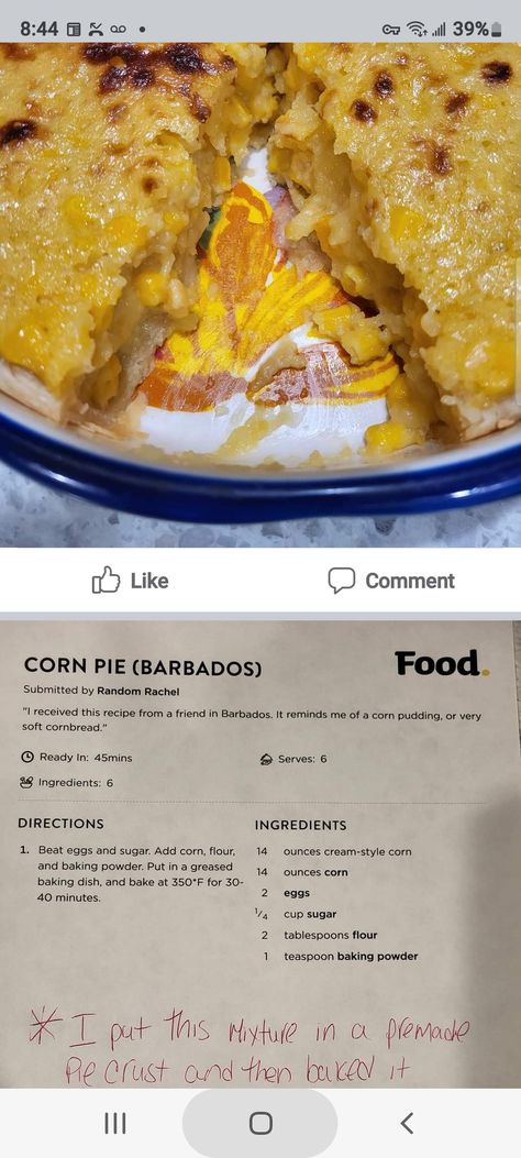 Corn Pie Recipe, Barbados Food, Corn Pie, Cream Style Corn, Corn Pudding, Food Therapy, Caribbean Recipes, Pie Recipe, Holiday Treats