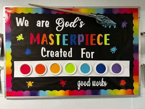 Masterpiece Bulletin Board, Catholic Schools Week Bulletin Board, Christian School Bulletin Boards, Unique Bulletin Board Ideas, Catholic Bulletin Boards, Religious Bulletin Boards, Catholic Schools Week, Christian Bulletin Boards, Sunday School Decorations