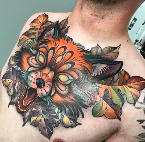 I would never get this, but I love the colors Neo Traditional Chest Tattoo, Traditional Chest Tattoo, Tattoos Celtic, Tattoos Chest, Torso Tattoos, Chest Tattoos, Chest Piece Tattoos, Octopus Tattoo, Tattoos Skull