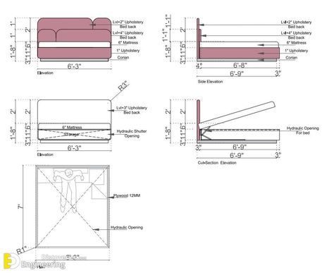 Bedroom Anthropometry, Bed Working Drawing, Bed Elevation Drawing, Sofa Detail Drawing, Bed Detail Drawing, Hydraulic Bed, Furniture Details Drawing, Bed Back Design, Drawing Furniture