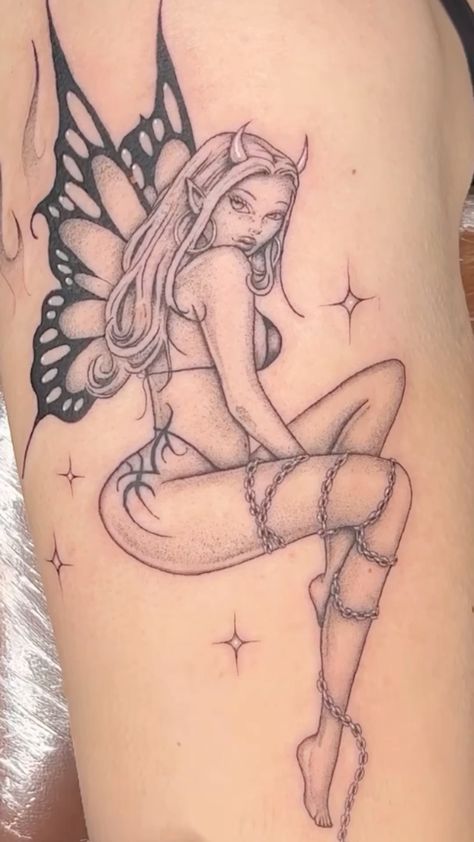 Naked Fairy Tattoos For Women Simple, Haunted Tattoo, Women's Back Tattoos, Butterfly Tattoo On Back, Woman Tattoo Design, Pixie Tattoo, Cute Thigh Tattoos, Kenworth T800, Butterfly Back Tattoo