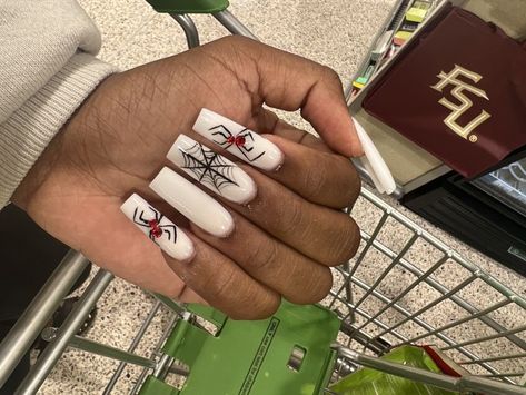 nail inspo, nails, fall nails, halloween nails, spider nails, white square acryilic nails Pink Spider Web French Tip Nails, White And Red Halloween Nails, Spider Man Nails Acrylic Long, Red And White Halloween Nails, White Spider Nails, Spider On Nails, White Spooky Nails, Nails Acrylic Halloween Ideas, Spider Acrylic Nails