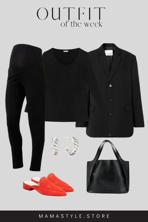 Check out this monochrome look with a pop of color we're in love with! Keep it classy and stylish for work today! See more mama outfit ideas at mamastyle.store 🤎 Maternity Workwear, Autumn Maternity, Maternity Work Clothes, Maternity Work Wear, Red Loafers, Sophisticated Office, Perfect Office, Classic Pants, Maternity Pants