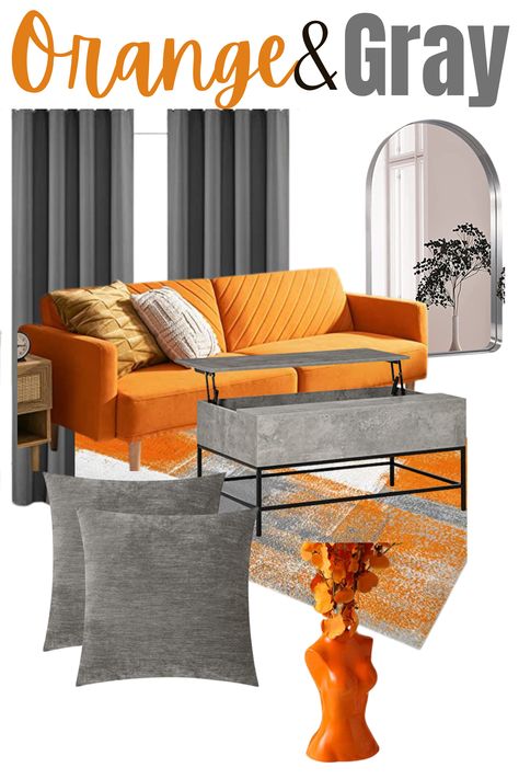 Orange and Gray Living Room Home Decor Grey And Orange Living Room Ideas, Orange And Gold Living Room Decor, Gray Orange Living Room, Gray And Orange Living Room Ideas, Living Room Ideas Orange, Orange And Gray Living Room, Orange And Grey Living Room, Orange Chairs Living Room, Orange And Grey Living Room Decor