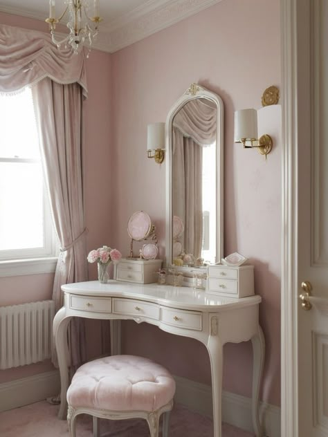 Victorian Pink Bedroom, Pink Victorian Bedroom, Blair Waldorf Bedroom, Vintage Vanity Aesthetic, Pink Bedroom Accessories, Garden Fence Ideas, Victorian Bedroom, Feminine Bedroom, Vanity Room