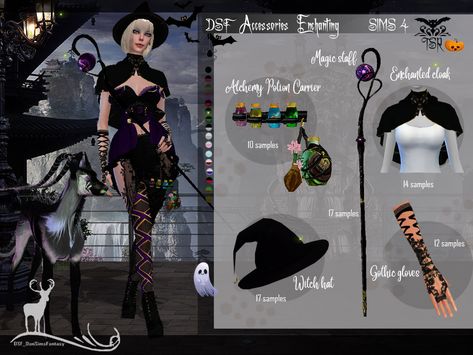 his group of accessories allows you to create a mystical or fantasy character. Contents: Magic staff, Cloak, gloves, Hat and Alchemy Potion Carrier. Sims 4 Cc Simblreen, Sims 4 Witch Cc, Los Sims 4 Mods, Thigh Belt, Witch Accessories, Sims 4 Dresses, Sims 4 Characters, Sims House Design, Wedding Pets