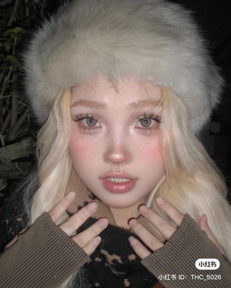 Snowbunny Makeup, Bambi Makeup Aesthetic, Snow Bunny Makeup Look, Bunny Pretty Face Features, Its Cold Makeup, Snow Bunny Makeup, Deer Pretty Face, Douyin Makeup On White Person, Russian Doll Makeup