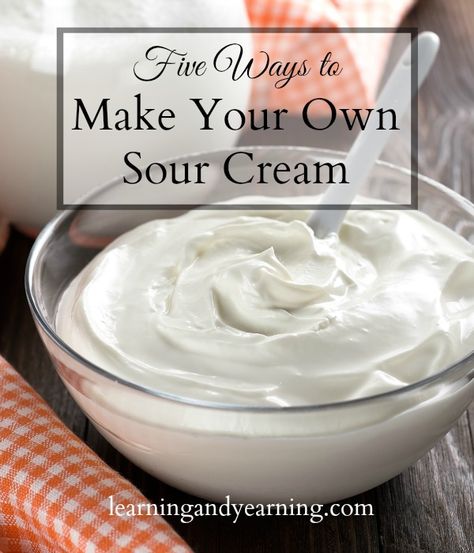 Here are five ways to make your own sour cream. For each, you'll need fresh cream and a culture. I prefer raw cream, but pasteurized works, too. Just don't use ultra-pasteurized cream, which will yield inconsistent results. Sour cream made from raw cream may be thinner than that made from pasteurized cream. We have a source for the most amazingly thick raw cream and I've never had a problem with it being runny. Making sure that the raw cream is fresh assures better results.: Soy Milk Recipes, Make Sour Cream, Homemade Sour Cream, Homemade Tofu, Sour Cream Recipes, Vegan Sour Cream, Vegan Milk, Scrumptious Desserts, Seitan