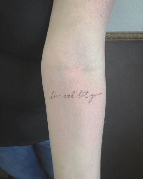 Line Style Tattoo, Line Word Tattoo, Let Go Tattoo, Fine Line Word Tattoo, Let It Go Tattoo, Word Tattoo Ideas, Go Tattoo, Word Tattoo, Single Needle Tattoo