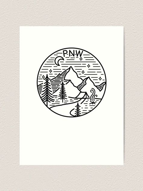 "PNW Pacific Northwest Oregon Washington Geometric Mountain Trees Stars Moon Design" Art Print by fernandopolania | Redbubble Pnw Tattoo Washington, Oregon Tattoo Ideas, Pacific Northwest Tattoo, Moon Design Art, Washington Tattoo, Doodle 101, Filler Tattoos, Oregon Tattoo, Pnw Art