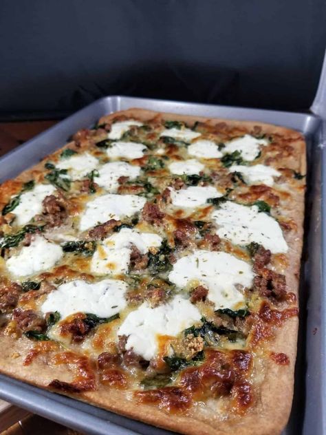 Sausage, Garlic and Ricotta Pizza + Allie's Wheat Pizza Dough Recipe - Sip and Spice Sausage And Ricotta Pizza, Sausage Ricotta Pizza, Sausage Pizza Ideas, Italian Sausage Pizza Recipes, Ricotta Pizza Recipes, Specialty Pizza Ideas, Sausage Pizza Recipes, Pizza Topping Ideas, Italian Sausage Pizza