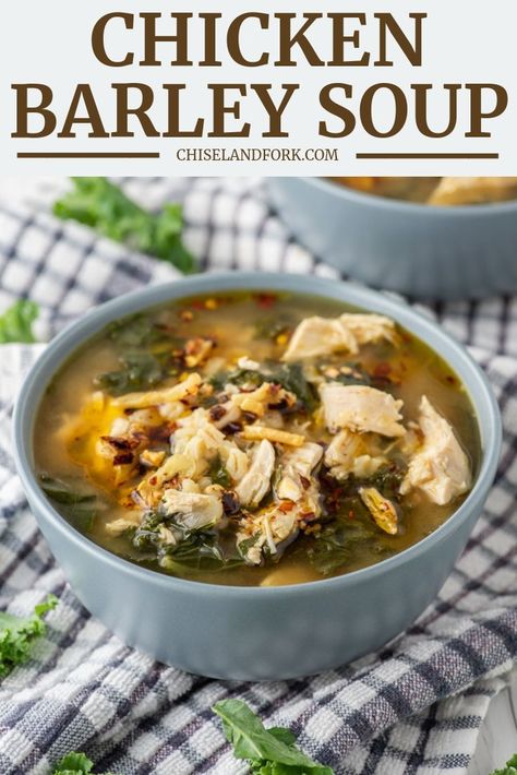 This chicken barley soup with kale and a garlic chili oil is so quick to come together, you'll think you've been cooking it for hours. #chickenbarleysoup #chickenkalesoup #barleysoup #soup #healthysoup | chiselandfork.com Chicken Barley Soup Recipe, Garlic Oil Recipe, Chicken Kale Soup, Garlic Chili Oil, Chicken Barley, Chicken Barley Soup, Barley Soup Recipe, Soup With Kale, Chicken Kale