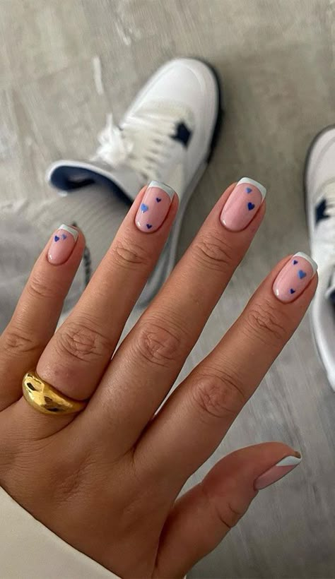 Blue Love Heart Nails, Nail Inso Short Nails Simple, Simple Biab Nails, Blue Heart Nails, Romantic Dinner At Home, Valentine Nails Pink, Gender Reveal Nails, White French Tips, Biab Nails