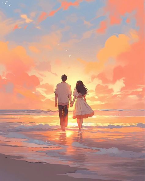 Couples Cartoon So Cute, Fantasy Couple Art, Digital Art Couple, Couple Animation, Painting Fantasy Art, Dreamy Artwork, Fantasy Couples, Dreamy Landscapes, Romantic Anime Couples