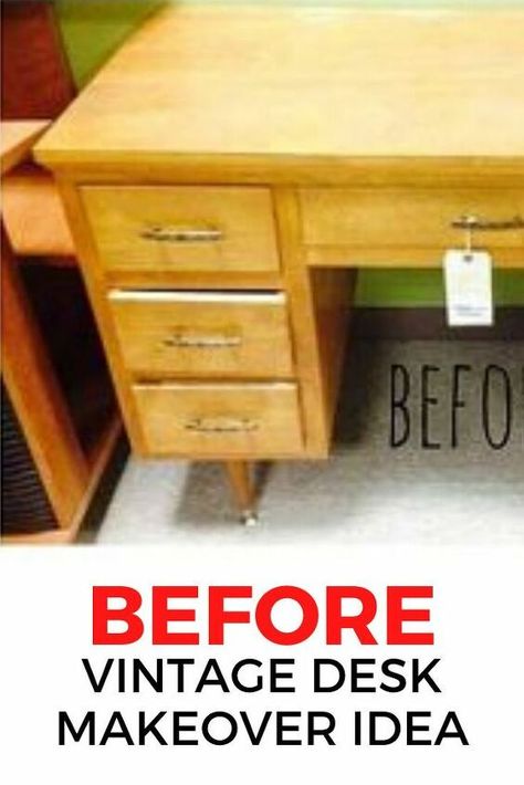 If you happen to find a vintage desk in your local thrift store or flea market you'll want to grab one for your home office. This creative color combo is beautiful so  check out the before and after photos for some upcyling inspiration. #diy #desk #makeover Vintage Teachers Desk Makeover, Repurpose Old Desk Ideas, Wood Desk Makeover Diy, Boho Desk Makeover, Mcm Desk Makeover, Refurbish Desk, Old Desk Makeover Diy, Antique Desk Makeover, Vintage Desk Makeover