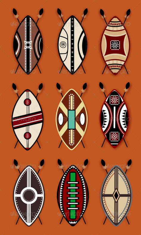 Masai Shield Vector Designs  For download - http://graphicriver.net/item/masai-shield-vector-designs-/7956010?WT.ac=portfolio&WT.z_author=ragerabbit Decorative Symbols, African Shield, African Art Projects, Africa Art Design, African Tattoo, Shield Vector, African Symbols, African Pattern Design, African Artwork