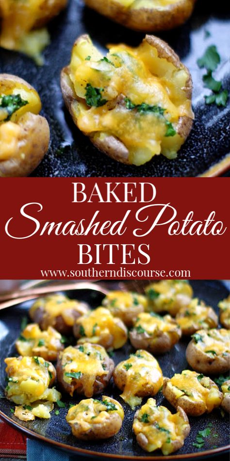 Baked Cheesy Smashed Potato Bites - southern discourse Baby Potato Appetizers, Smashed Potatoes Baked, Gold Potato Recipes, Baby Potato Recipes, Crispy Potato Skins, Smashed Potatoes Recipe, Potato Appetizers, Gold Potatoes, Potato Bites