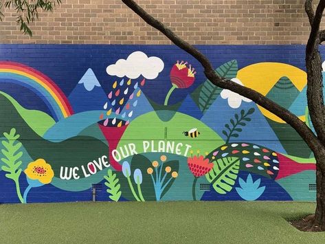 Murals School Wall, Group Mural Ideas, Environment Doodle Art, Art Murals School, Wall Mural School, School Graffiti Wall Ideas, Mural School Wall, Playground Mural Ideas, Summer Mural Ideas