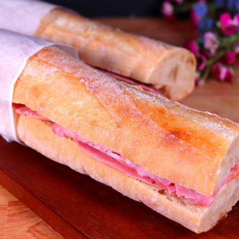 Most Popular Baguette Sandwich in Paris — FoodMadeSimple Mini Bagett Sandwich, Baggett Sandwich Ideas, Baquette Bread Sandwich, Baguette Sandwich Ideas, French Baguette Sandwich, Baguette Sandwiches, Bastille Day Party, Stuffed Baguette, Homemade Pita Chips