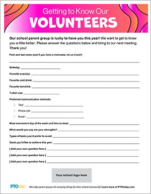 New School Volunteer and Officer Questionnaire (Free Printable) - PTO Today Pto Binder Free Printables, Pta Board, Interest Survey, Pto Today, School Volunteer, Volunteer Hours, Student Survey, Pto Ideas, School Pto