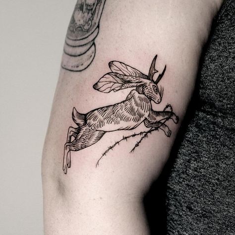 Leaping jackalope for Effie! Jackalope Tattoo, Valley Tattoo, V Tattoo, Compass Rose Tattoo, Etching Tattoo, Framed Tattoo, Blackwork Tattoos, Constellation Tattoo, Western Tattoos