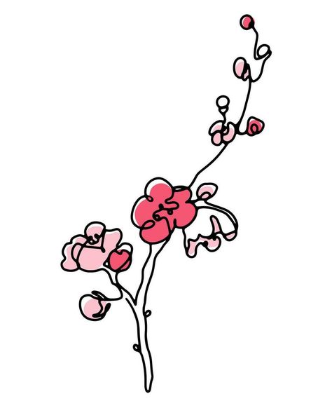 Spring sakura blooming branch one line art drawing with abstract pink color spots design. Outline vector illustration Flower Line Drawing Pattern, Sakura Illustration, Sakura Design, Sakura Tattoo, Design Outline, Sakura Bloom, Vector Nature, Illustration Advertisement, Flower Line Drawings