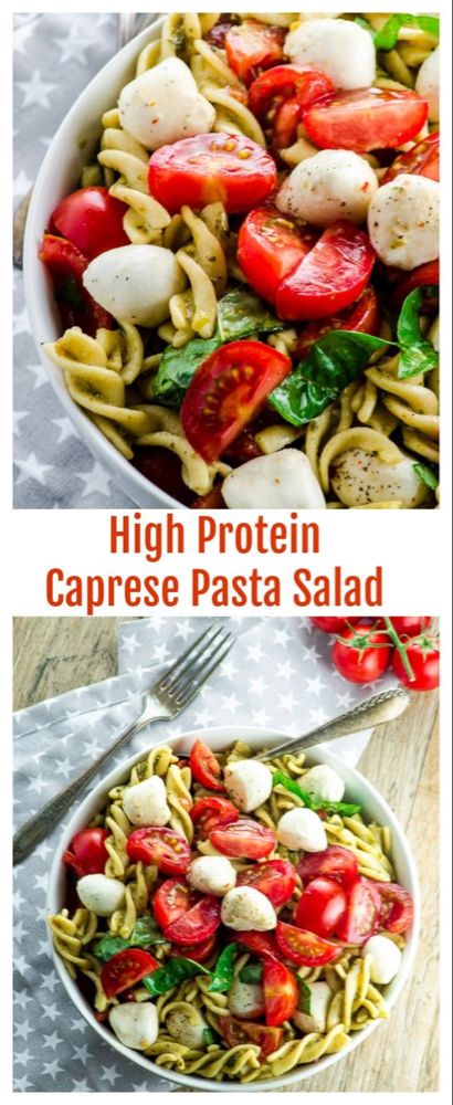 High Protein Caprese Pasta Salad - A light and fresh gluten free dish full of protein and fiber, perfect for lunch or as a light dinner this summer! It can also be made Vegan! Pasta Salad Healthy, Protein Pasta Salad, Recipes High Protein, High Protein Pasta, Caprese Pasta Salad, Protein Dinner, Caprese Pasta, Protein Lunch, Protein Pasta