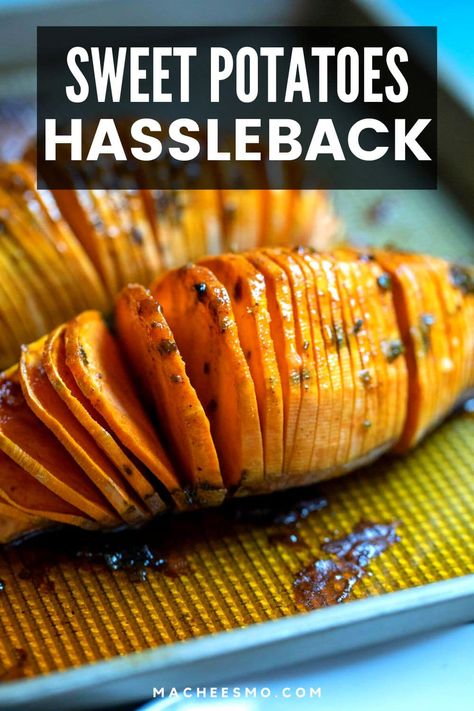 This hasselback sweet potato is delicious and impressive, full of flavor and spices! Perfect for the holidays as a side dish and easy to make in advance! macheesmo.com #hassleback #sweetpotatoes Hassleback Sweet Potatoes, Good Sweet Potato Recipe, Dried Chives, Hasselback Sweet Potatoes, Spoon Butter, Recipes Potatoes, Wholesome Stuff, Vegetarian Thanksgiving, Potato Crisps